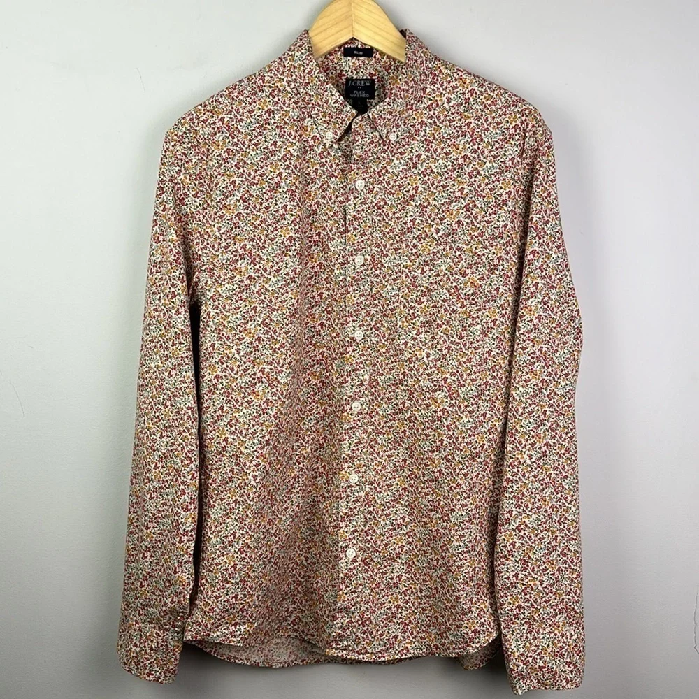 J. Crew Men Ditzy Floral Print Long Sleeve Button Down Lg Shirt Slim Flex Washed